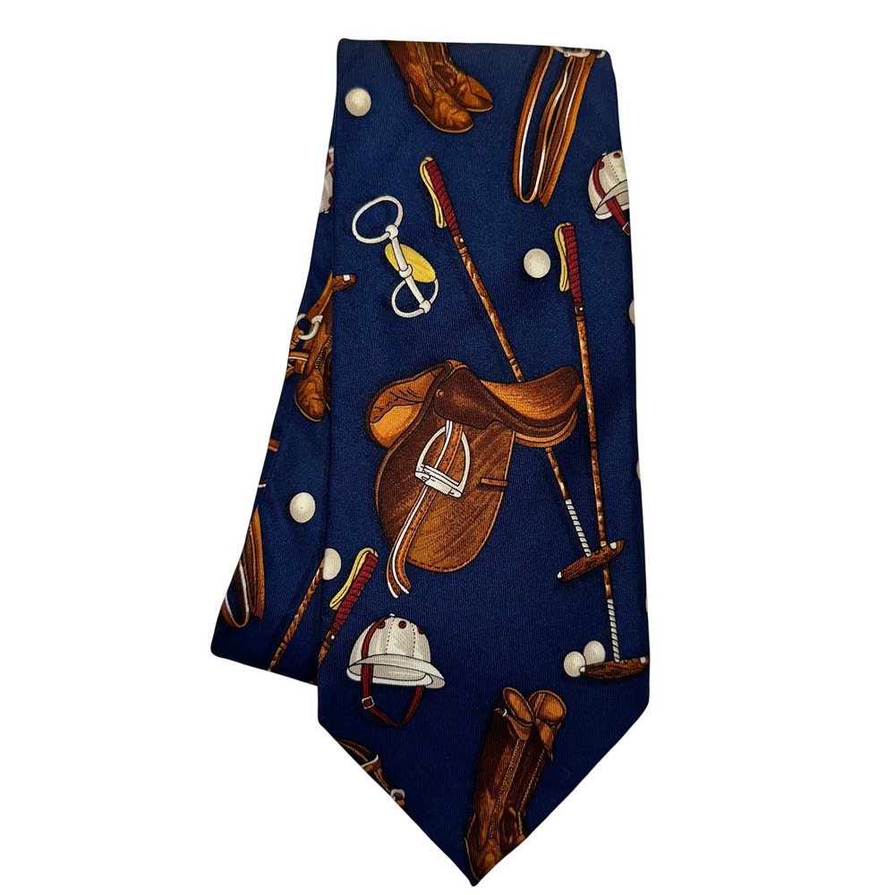 Lands' End Silk Tie Mens Long Navy Blue Equestrian Polo Preppy Traditional Style